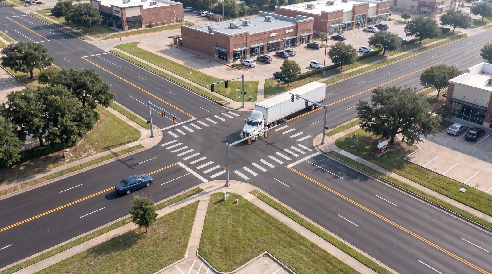 Approved master frame: aerial view of a suburban intersection with a white semi-truck turning and a blue sedan approaching